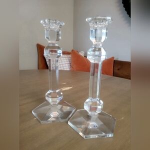 Val St. Lambert Set of Crystal Candle Holders with Angled Design